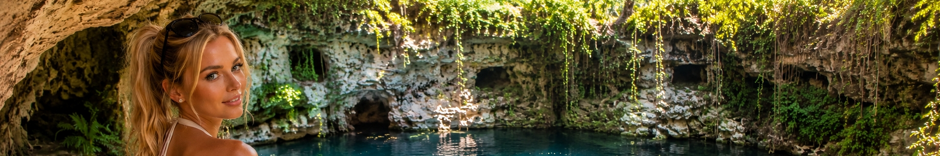 Open turquoise cenote ringed by jungle in the Riviera Maya