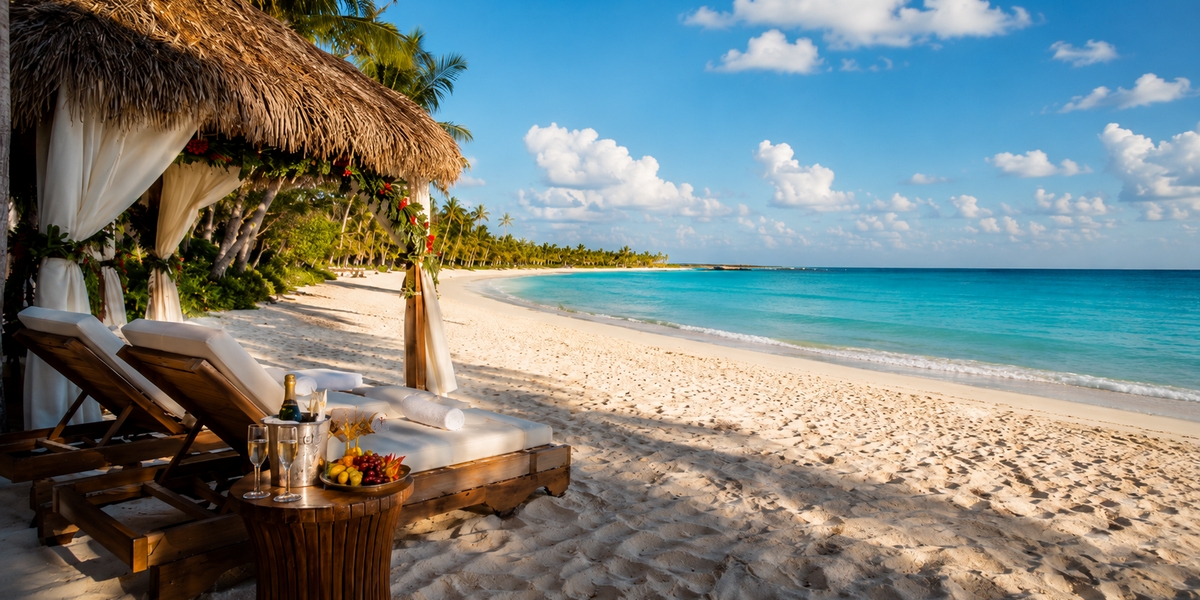 Busy Cancun resort beach lined with loungers and cabanas at golden hour, guests relaxing with drinks during the festive peak