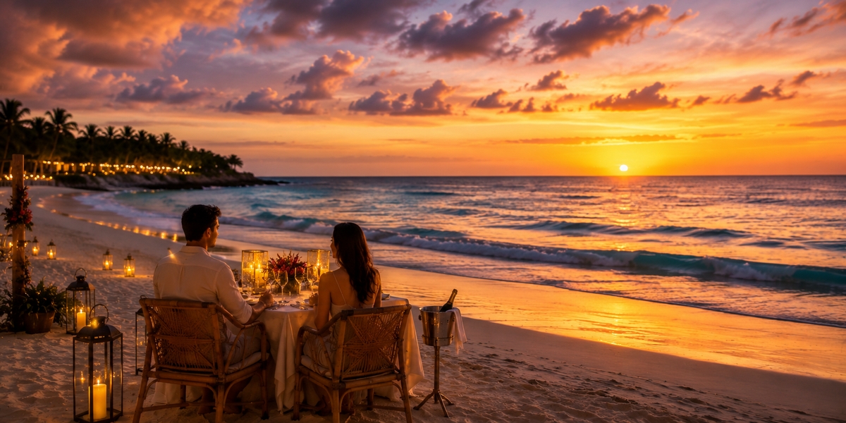 Calm luxury beach at sunrise with a couple walking by the shore and a single shaded lounger, suggesting a quieter holiday-season alternative