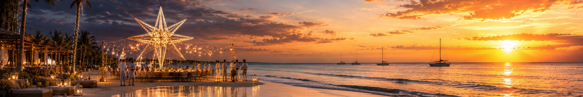 Upscale Riviera Maya resort beach with cabanas and palms at golden sunset, illustrating Christmas and New Year in Cancun and Tulum