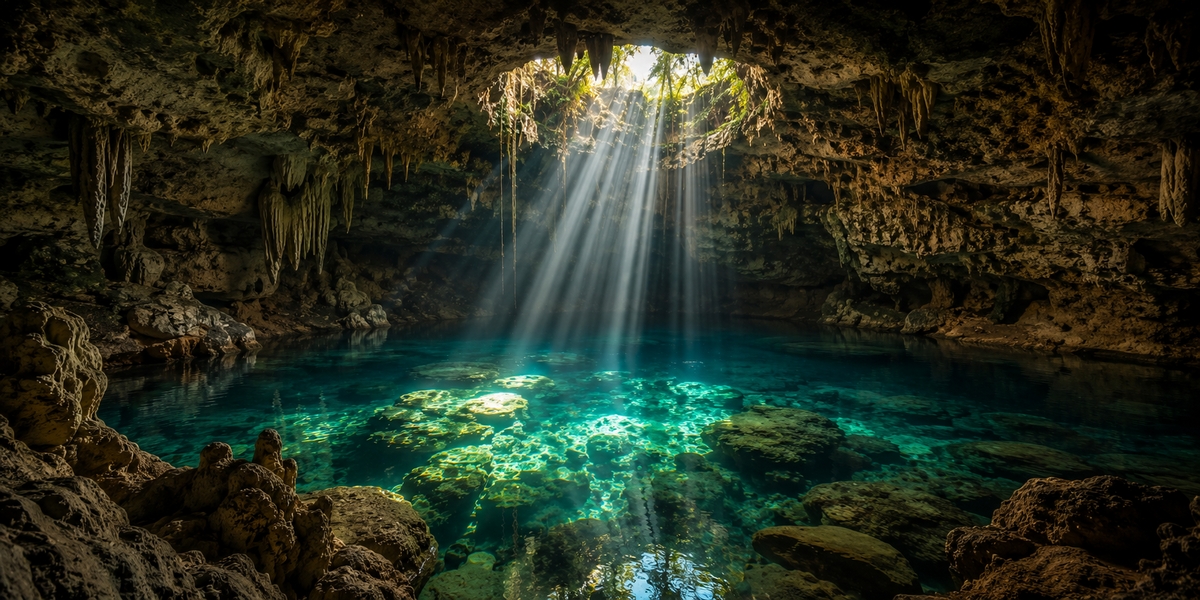 Clear water inside a cave cenote near Cob&aacute;, a common combo stop after the ruins