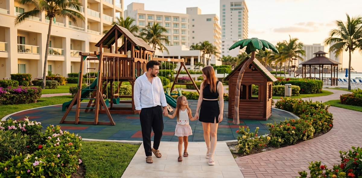 Family arriving at a Cancun hotel or beach setup at the start of the trip