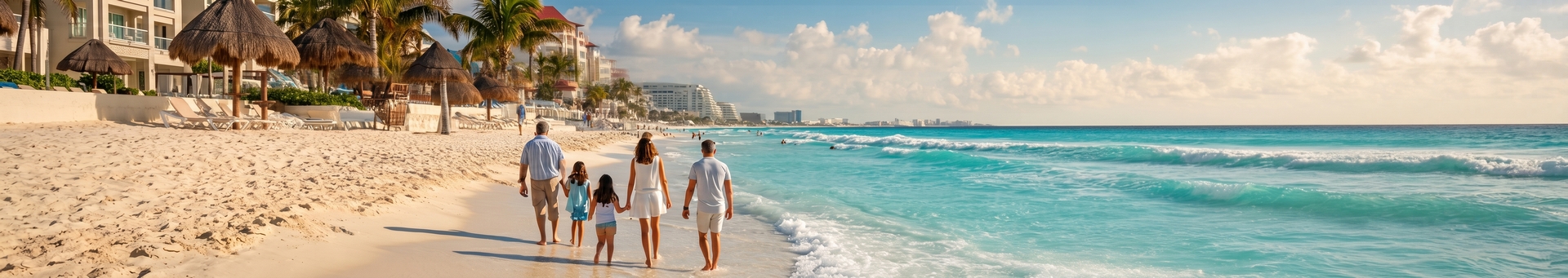 Family trip to Cancun with beach access and a resort area backdrop