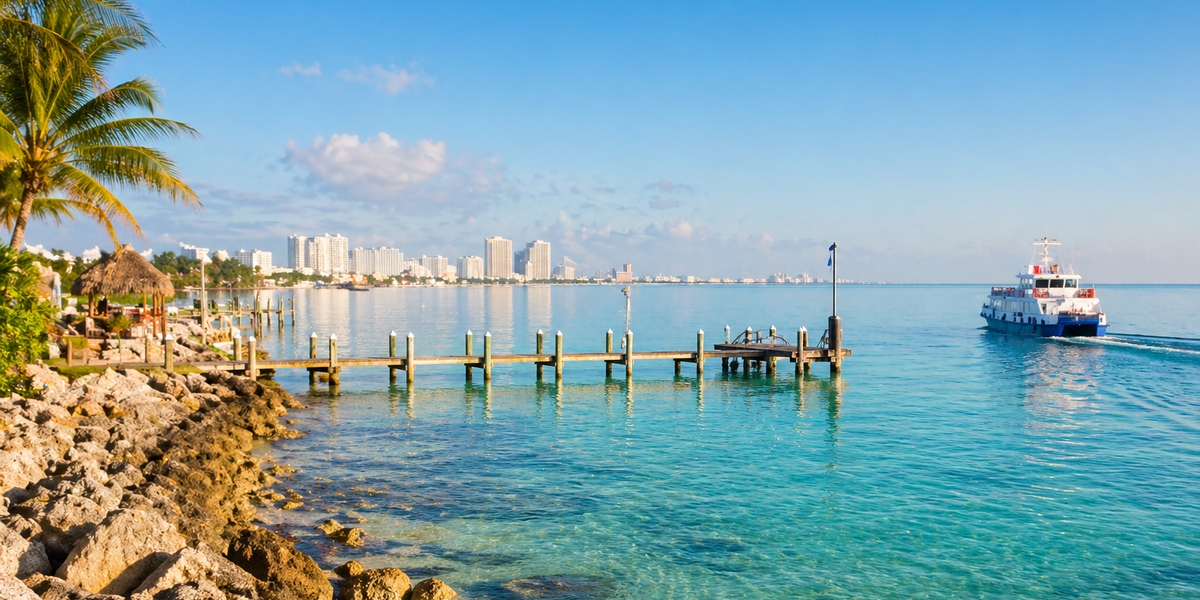 Cancun shoreline at the start of a day trip toward Isla Mujeres