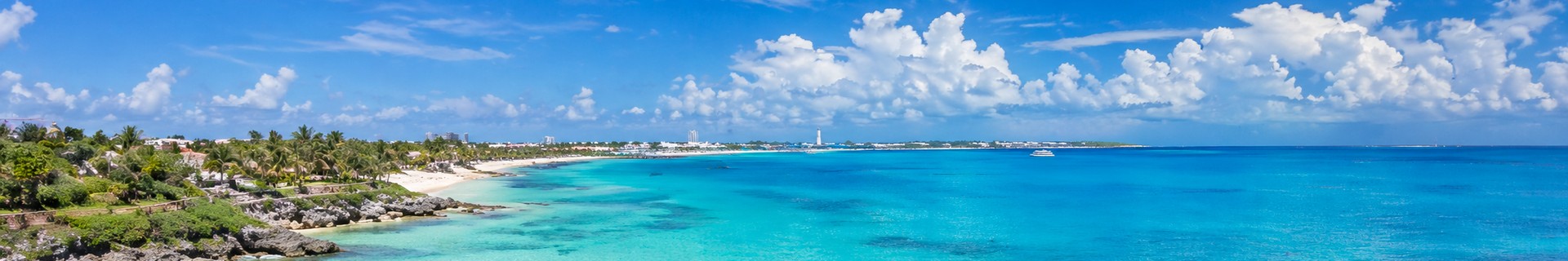 Cancun coastline and Caribbean water before the crossing to Isla Mujeres