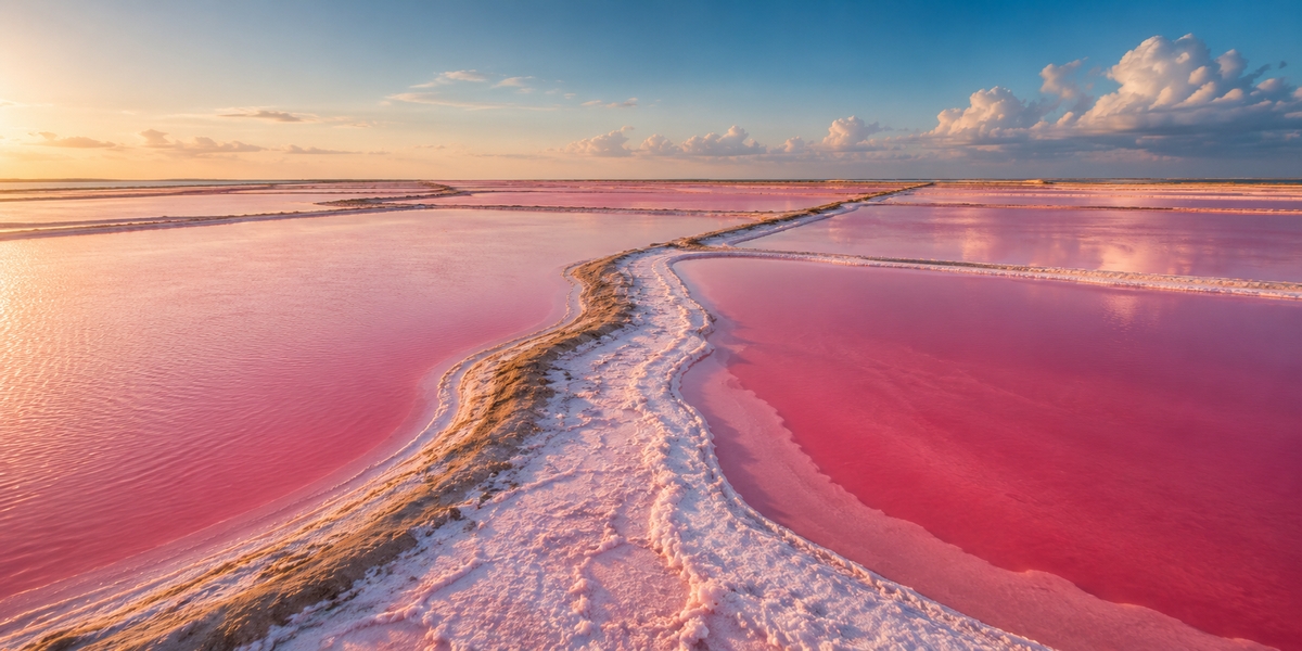 Ставки-випарники і білі соляні купи на солефермі Las Coloradas в Юкатані