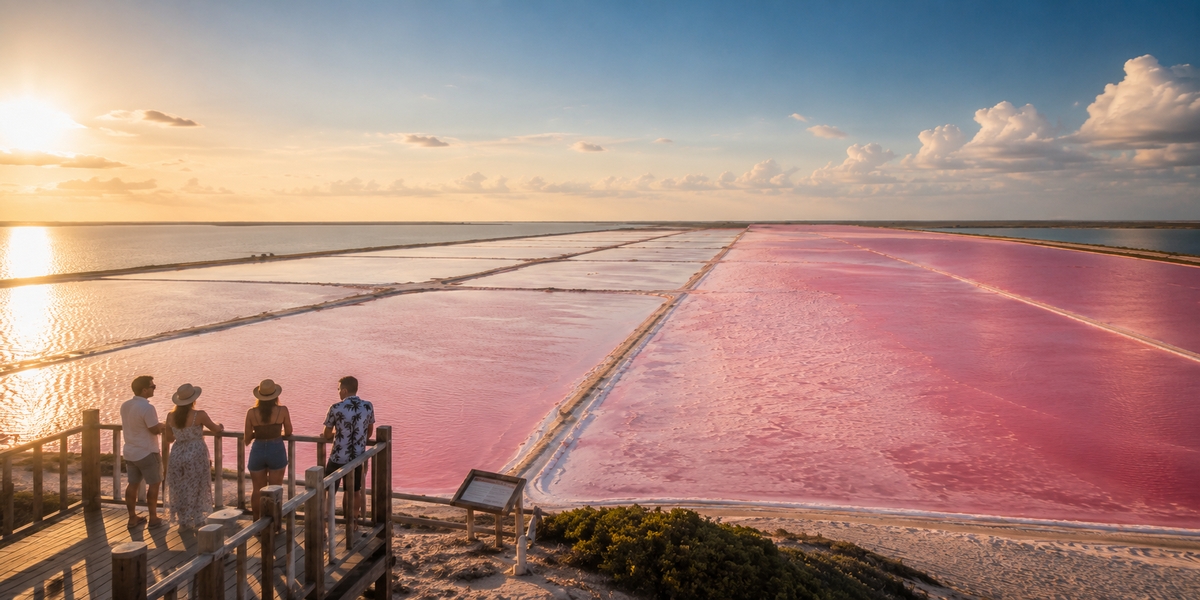 Яскраво-рожева соляна лагуна під високим полуденним сонцем у Las Coloradas, Юкатан