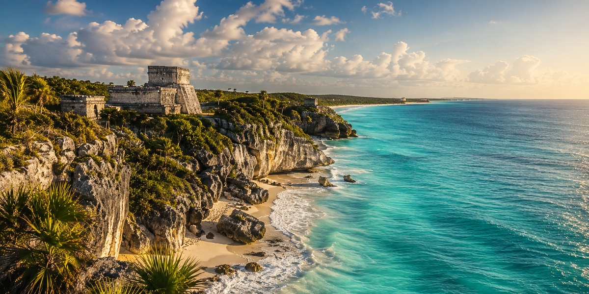 The Tulum ruins on a low cliff above the turquoise Caribbean Sea