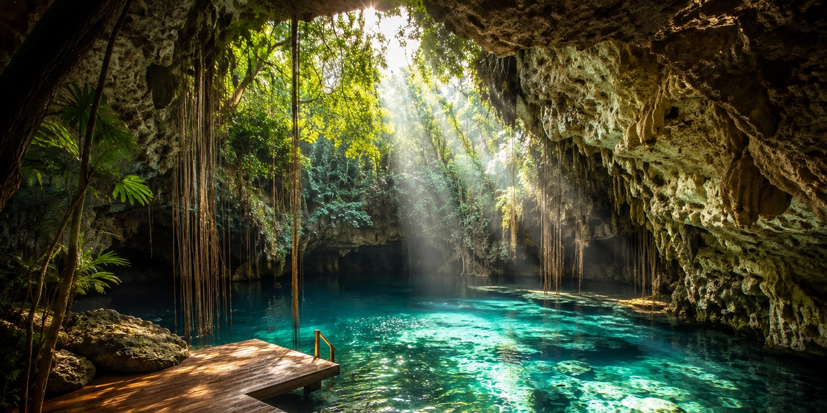 A cenote with clear water near the Mayan ruins, a common pairing for a ruins day trip