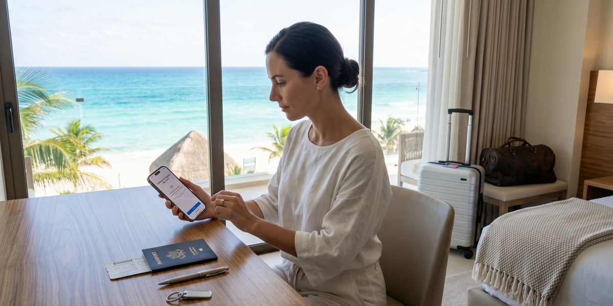 Мандрівник встановлює eSIM для Мексики на телефон до рейсу поруч із багажем і документами