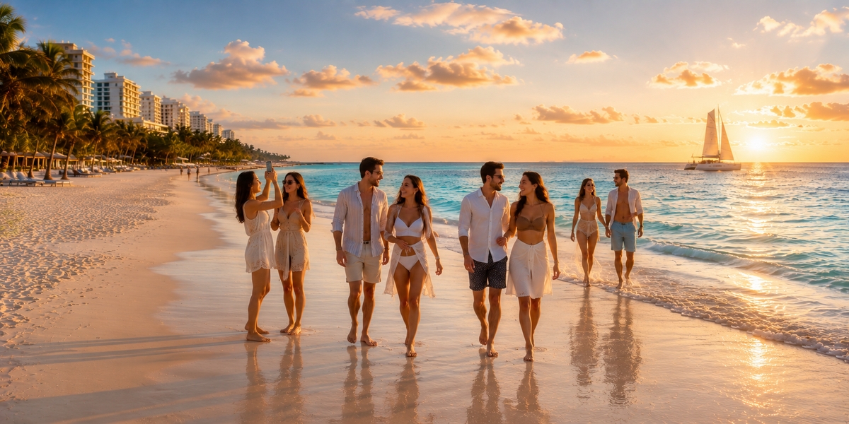 Friends relaxing together on a Cancun Hotel Zone beach during a group trip
