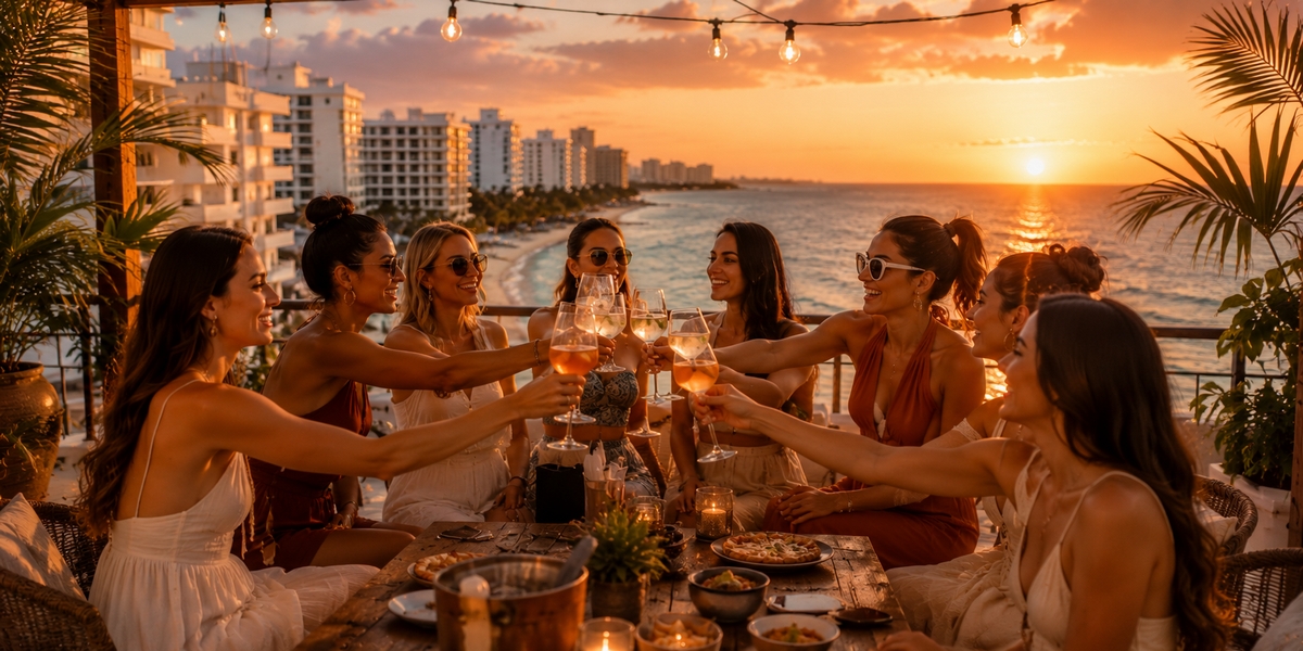 All-inclusive resort pool in Cancun set up for a group celebration