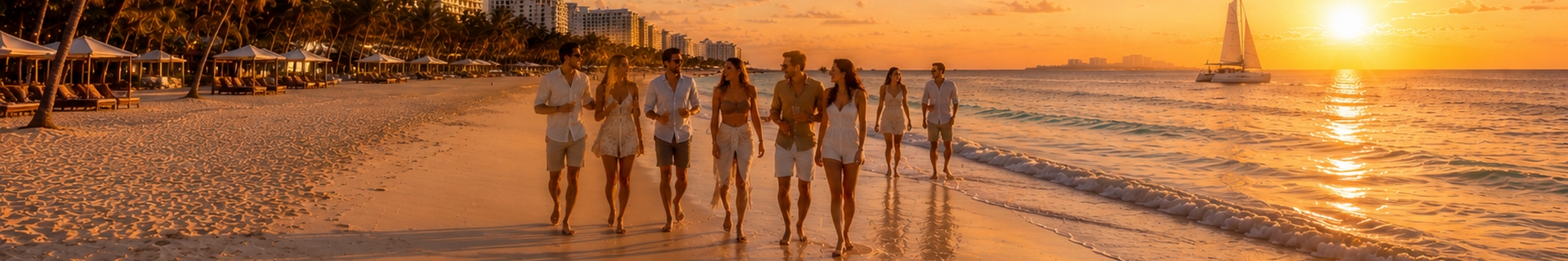 Group of friends together on a Cancun beach used to illustrate planning a group trip