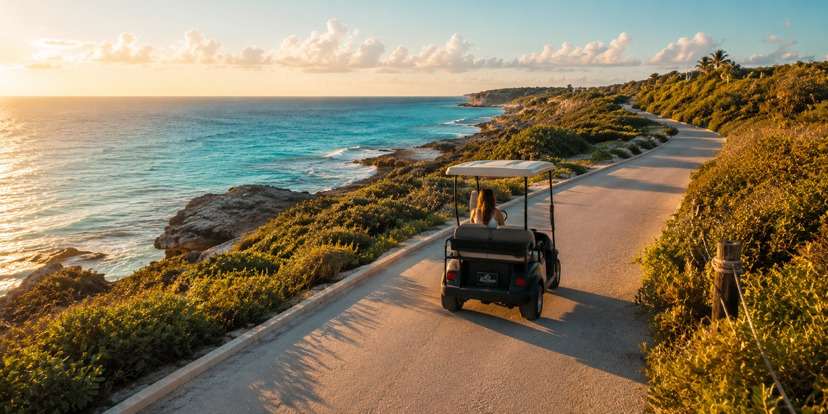 Гольф-кар на тихій дорозі у бік південної частини Isla Mujeres біля Punta Sur