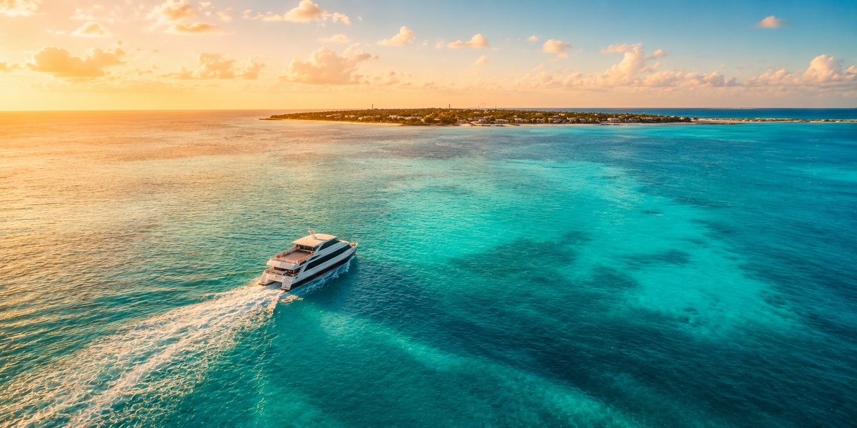 Пасажирський пором Ultramar іде між Канкуном та Isla Mujeres по спокійній воді