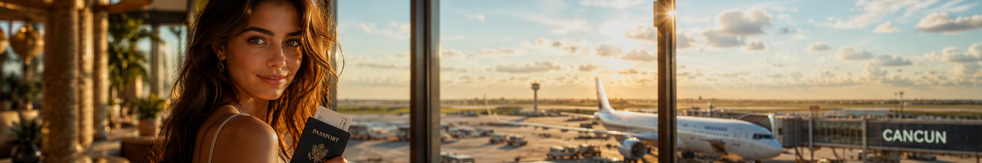 Travel documents and an arrival hall, used to illustrate travel insurance for a Mexico trip