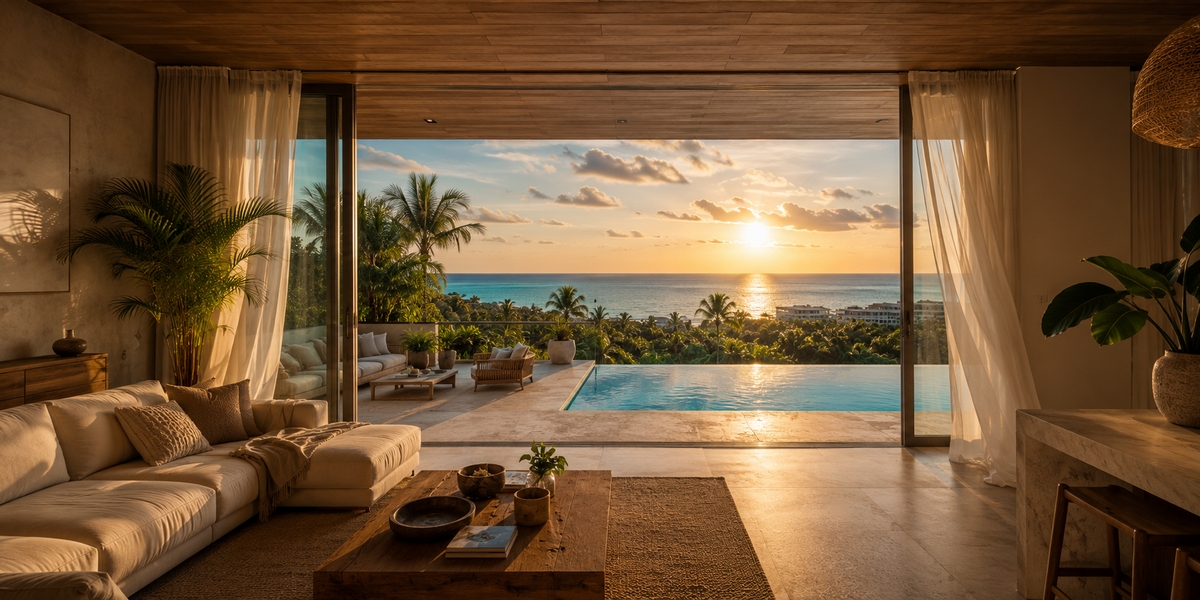 Condo balcony with a pool view in the Riviera Maya, typical of vacation rental listings in Tulum and Playa del Carmen