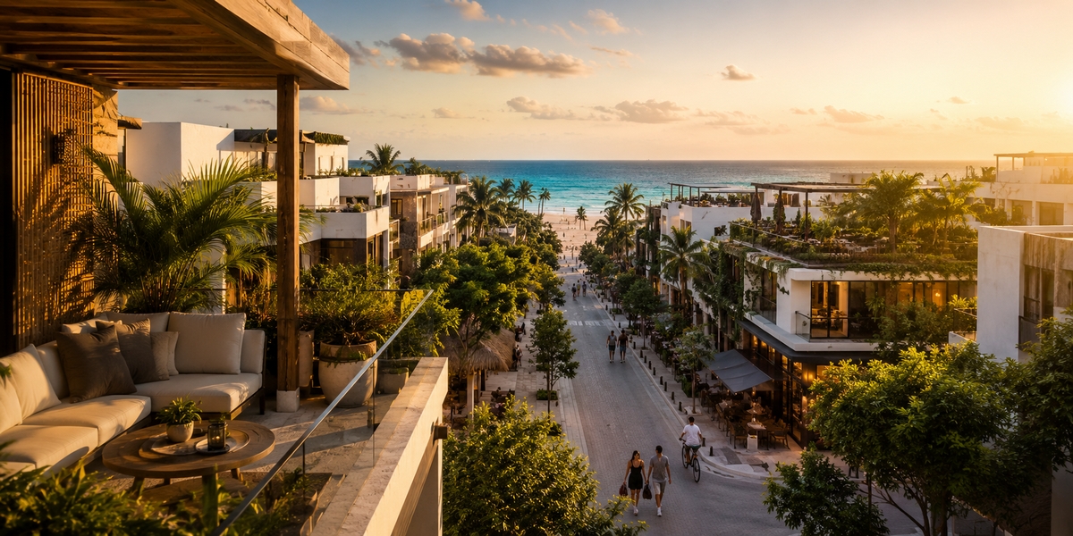 Tulum street between the town and the beach road, showing the distance rentals create between lodging and the coast