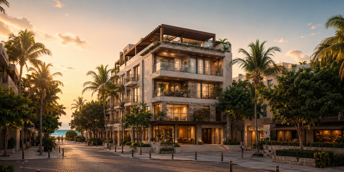 Playa del Carmen street grid with walkable blocks between condo buildings and the beach