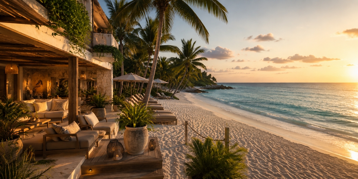 Hotel pool and terrace near the beach in Tulum, the proximity a rental cannot replicate