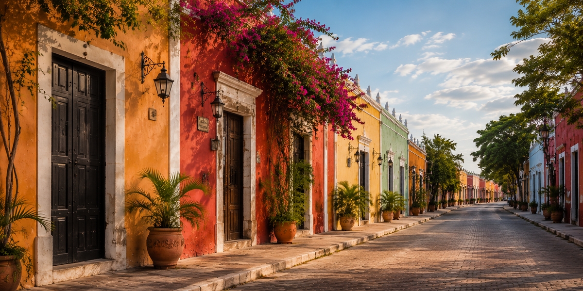Pastel-colored houses along the Calzada de los Frailes leading toward the convent in Valladolid