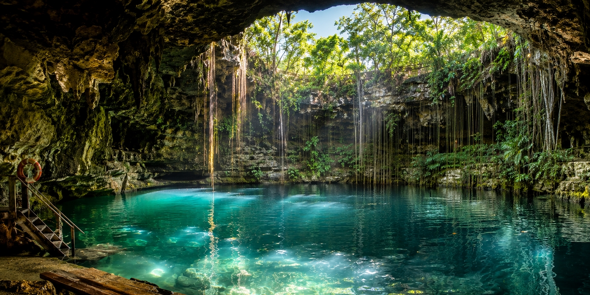 Open cenote with clear water near Valladolid, a short trip from the town center
