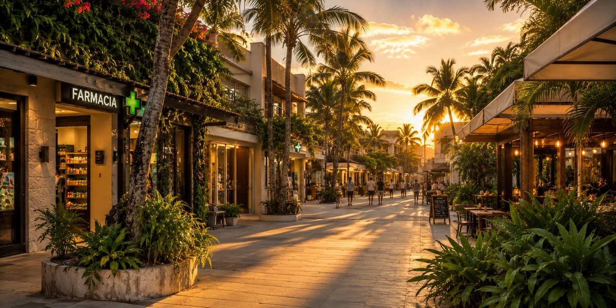 Resort and town setting in Cancun where water, toiletries and beachwear are easy and cheap to buy