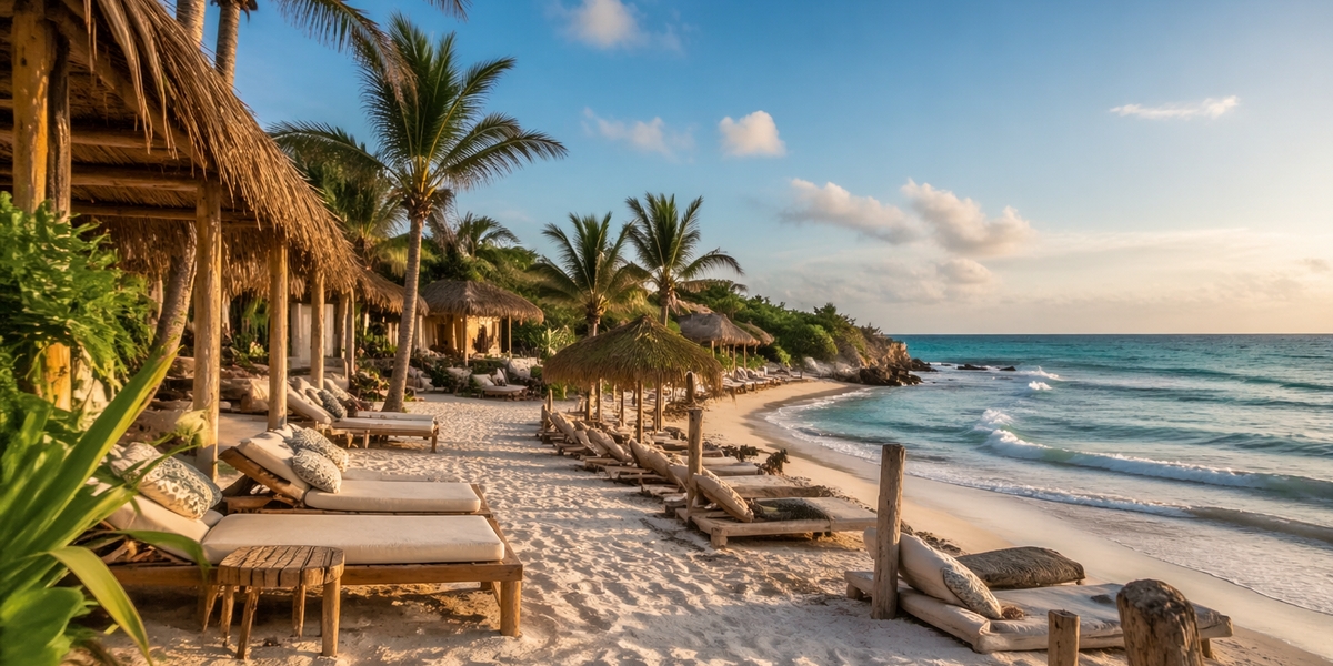 Beach Zone у Tulum з пляжними готелями і beach clubs уздовж прибережної дороги