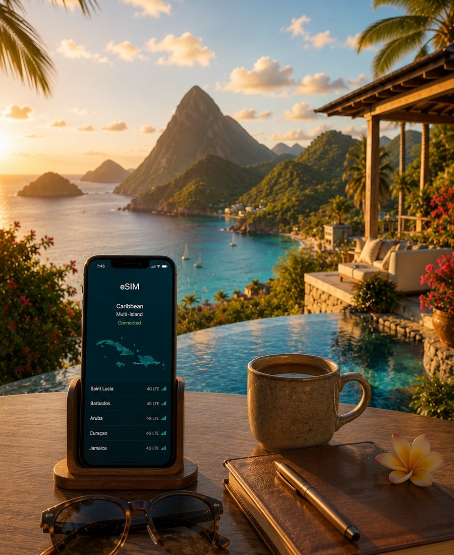 Traveler using mobile data on a Caribbean beach