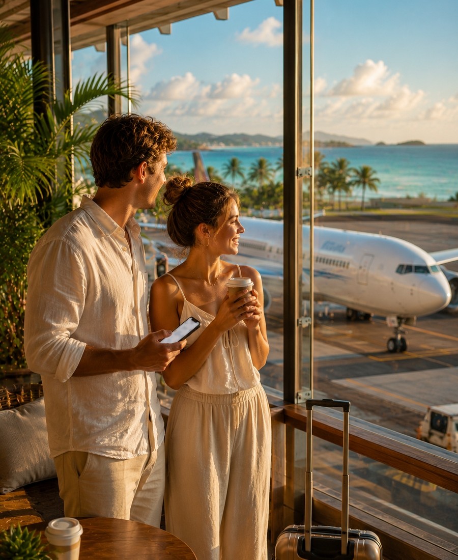 Flight arrival at a Caribbean international airport